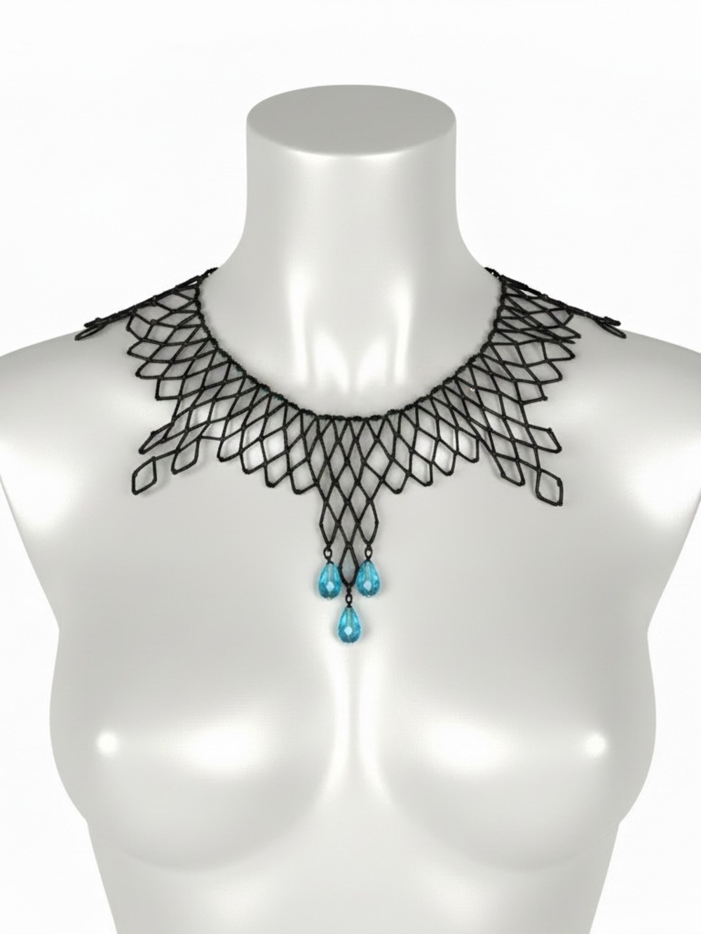 Beaded Fringe Necklace with Blue Teardrop Pendants